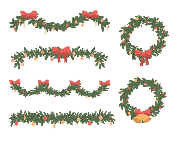 Vector cartoon set of christmas fir garlands red bow and jingle bells flat vector illustration