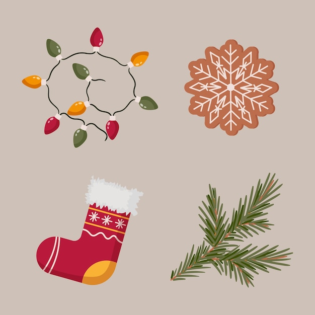 Vettore set di cartoni animati di adesivi natalizi ramo di abete calzino natalizio fiocchi di neve biscotti di pan di zenzero e ghirlanda