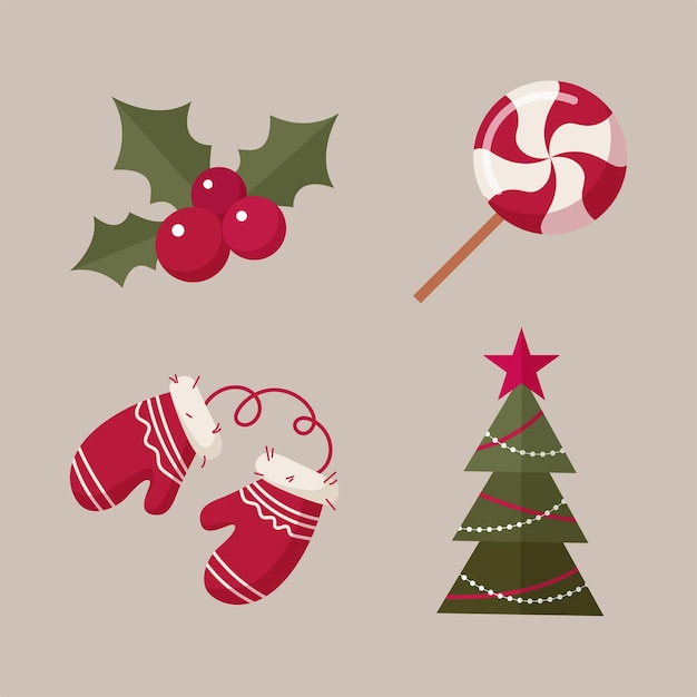 Cartoon set of christmas stickers pair of mittens christmas tree christmas berry and round lollipop