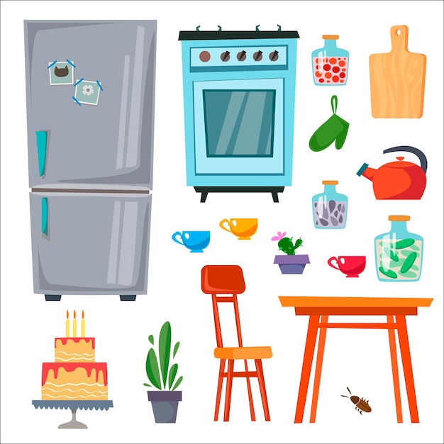 Cartoon set of colorful kitchen furniture and decor. Vector illustration in children s style.