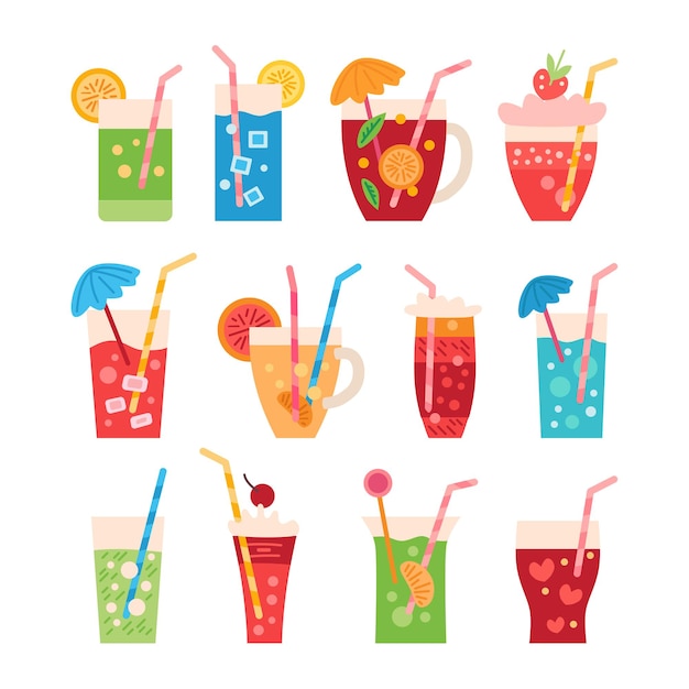 Cartoon set of colorful summer party drinks