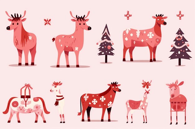 Vector cartoon set of cows in santa and christmas