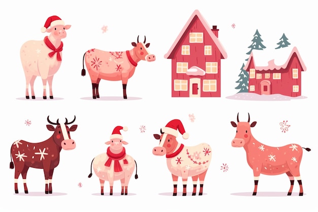 Cartoon Set Of Cows In Santa And Christmas