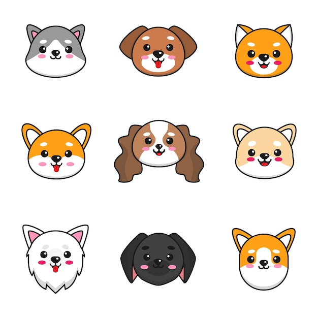 Cartoon set cute dog faces illustration