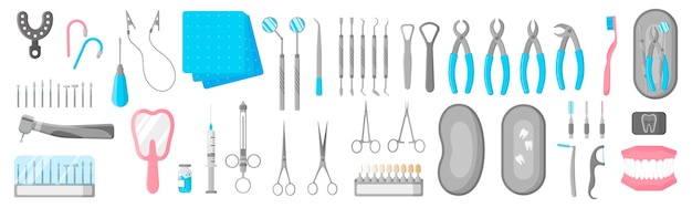 Мультфильм набор стоматологических терапевтических, хирургических и медицинских инструментов для лечения зубов на белом фоне