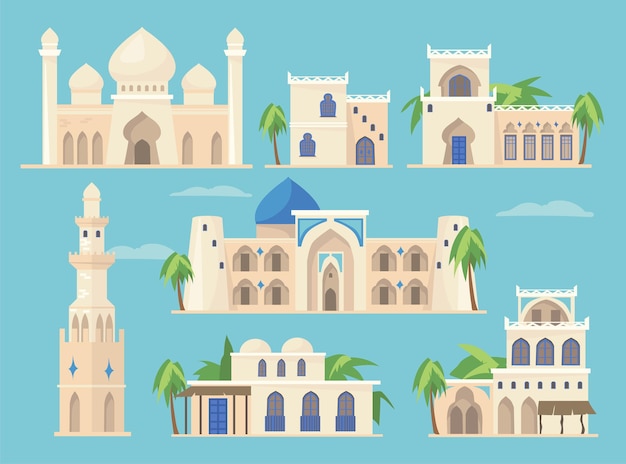 Vector cartoon set of different arabic buildings in traditional style. flat illustration.