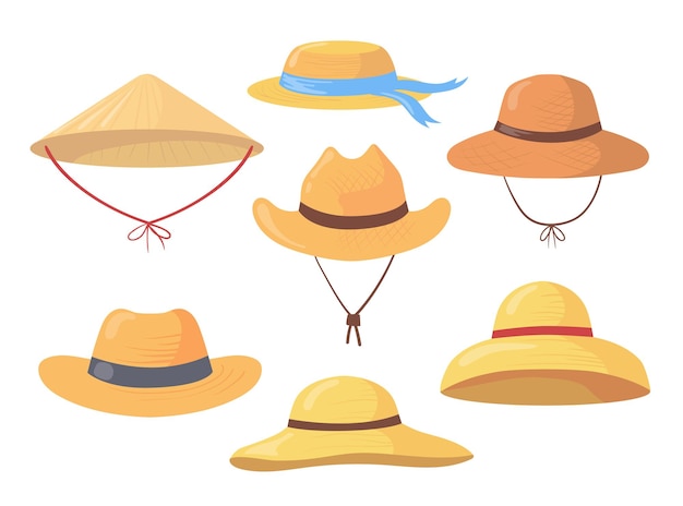 Cartoon set of different farmer straw hats. flat illustration.