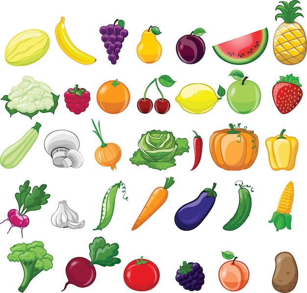 Cartoon set of different vegetables and fruits in the cartoon style