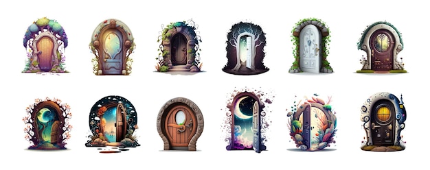 Vector cartoon set of fairy doors isolated on white background. portal, a door to an unknown world. design