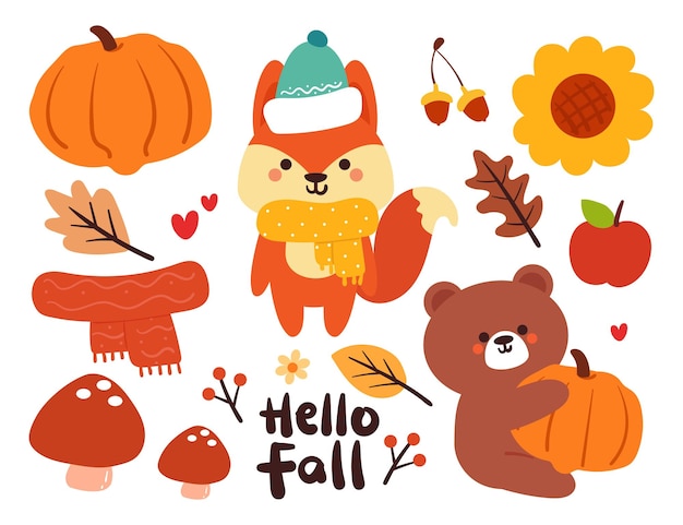 cartoon set of fall autumn vibes sticker set hand drawing lettering cute animal sticker