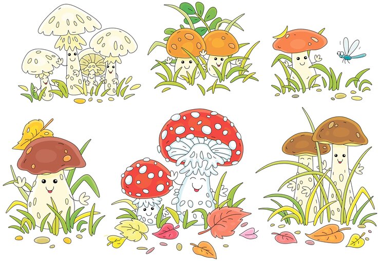 Cartoon set of forest mushrooms among grass funny Kawaii characters