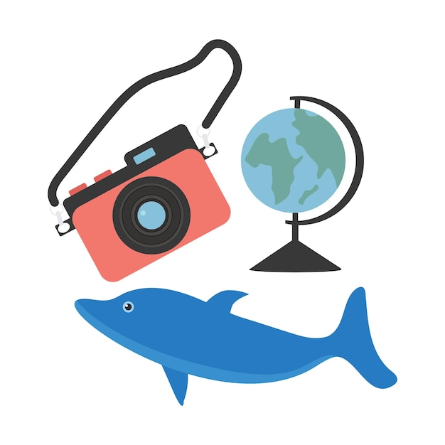 Cartoon set globe dolphin camera on a white background