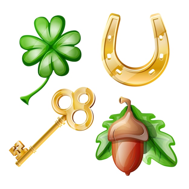 cartoon set of good luck symbols: clover, golden key, horseshoe, acorn.