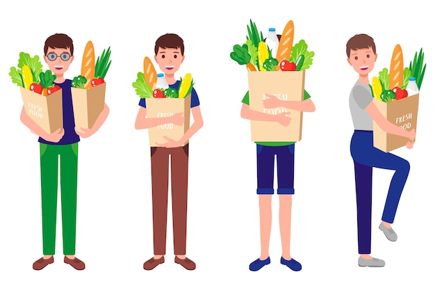 cartoon set of happy boys holding eco paper bags with fresh healthy organic food isolated on white background