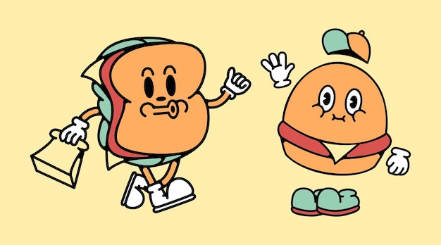 cartoon set illustration retro burger and sandwich character mascot