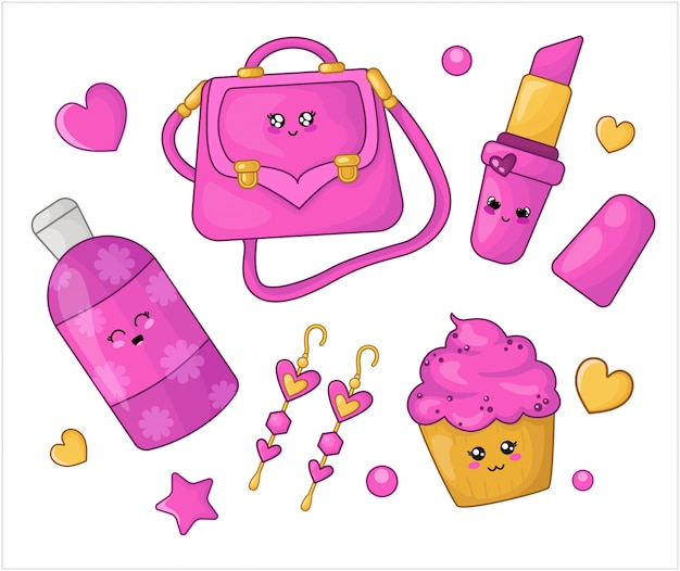 Cartoon set kawaii pink cosmetics and girls fashion accessories