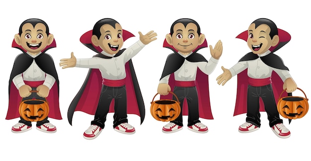 Cartoon set of kid wearing dracula costume