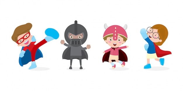 Cartoon set of Kids Superhero wearing comics costumes, isolated     illustration.