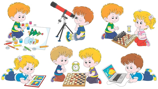 Set di cartoni animati di bambini piccoli che giocano a un gioco per computer, scacchi, dama, un telescopio, disegno, lettura