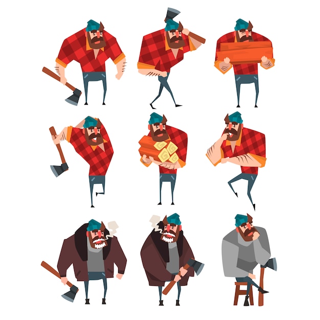 Cartoon set of lumberjack in different actions. Woodcutter with axe. Strong bearded man in hipster plaid shirt, jeans, sweater, jacket, hat. Flat   design