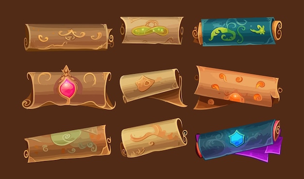 Cartoon set of magic parchment paper scrolls isolated on dark backgroundIsolated on background Cartoon vector illustration