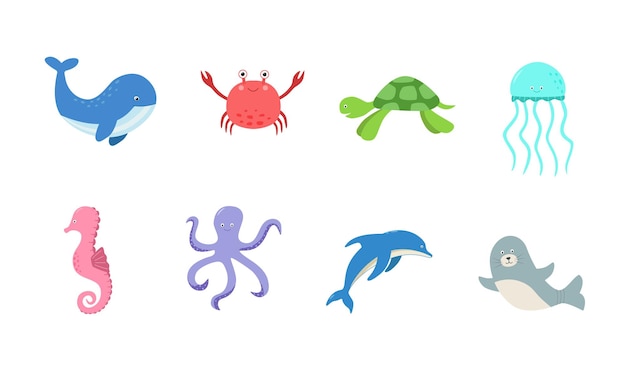 Cartoon set marine animals Vector illustration turtle dolphin whale seal jellyfish crab octopus