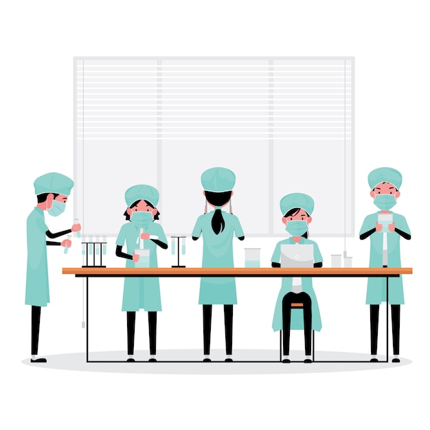 A cartoon set of medical staff or researcher working during Covid-19 or corona virus