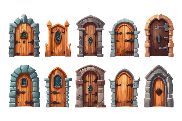 Cartoon set of medieval castle doors isolated on white background Vector cartoon flat elements isolated on background