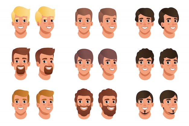 Cartoon set of men avatars with different hair styles, colors and beards black, blonde, brown. Human head. Male with smiling face expression.