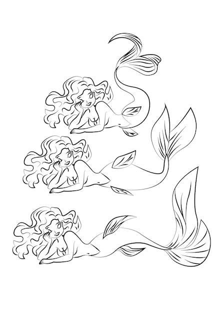 Cartoon set of mermaid dolls coloring page