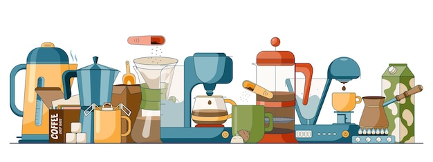 フラットスタイルのコーヒーのさまざまな醸造方法の漫画セット