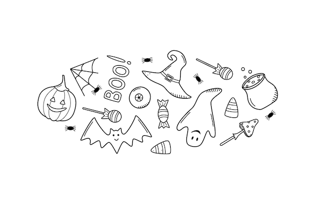 Мультфильм набор иконок хэллоуина векторные каракули иллюстрации праздничные элементы день мертвых