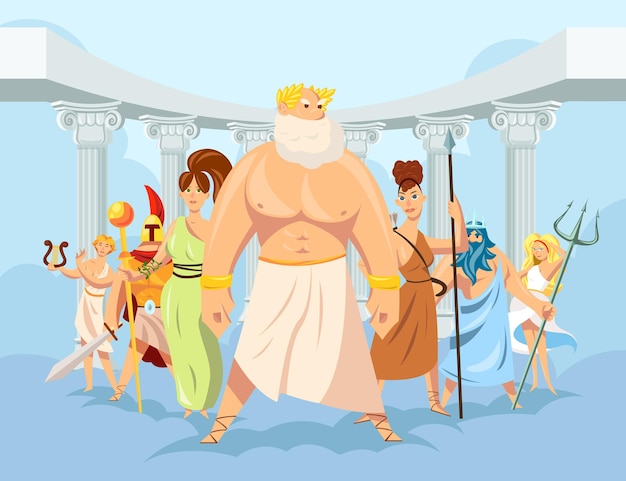 Vector cartoon set of olympian greek gods illustration