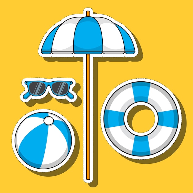 Cartoon set paraplu zonnebril strandbal reddingsboei blauw en wit gestreept op een gele achtergrond