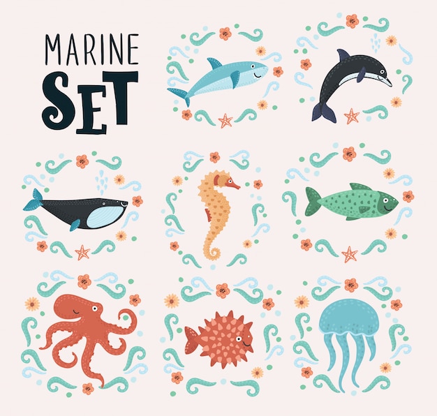 Vector cartoon set of sea creatures decorated with flower. cute marine animals in decorative style. on isolated background.+