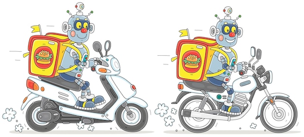 Vector cartoon set van een grappige robotkoerier met een grote rugzak op een motor en een scooter