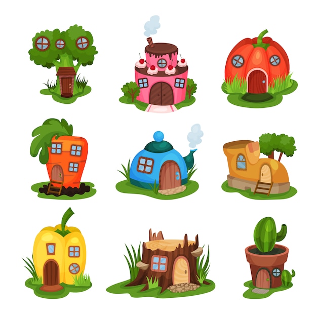 Cartoon set van sprookjesachtige huizen in verschillende vormen. Huis in de vorm van broccoli, cake, pompoen, wortel, theepot, schoen, peper, oude stronk en cactus in pot. Plat ontwerp