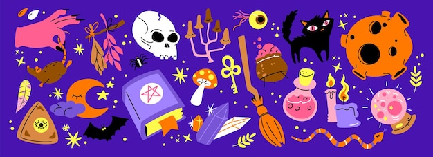 Vector cartoon set van stickers van magie en hekserij 90's wilde magie ontwerp botanische elementen schedel