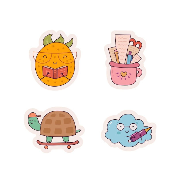 Vector cartoon set van verschillende schattige kawaii stickers hand getekende vectorillustratie