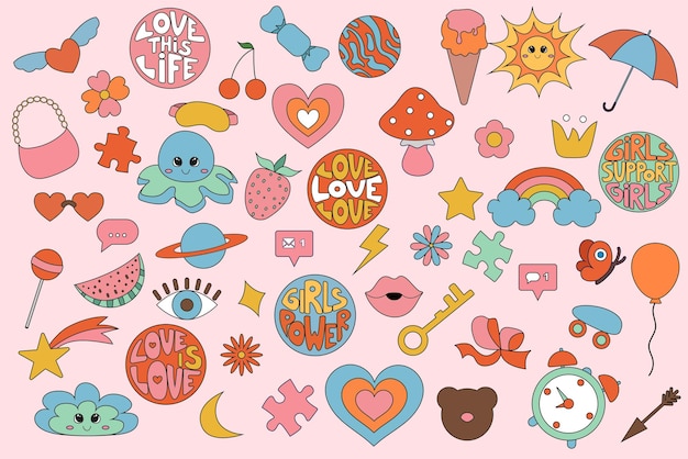 Cartoon set of vector elements in puppet style Stickers and badges in hippie style