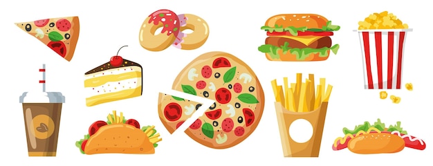 Cartoon set with american fast food. Junk food colorful on white background. Colorful set with burger, hot dog, pizza, taco, donut, sandwich, sauce, coffee, soda. Takeaway food design. Vector. Flat