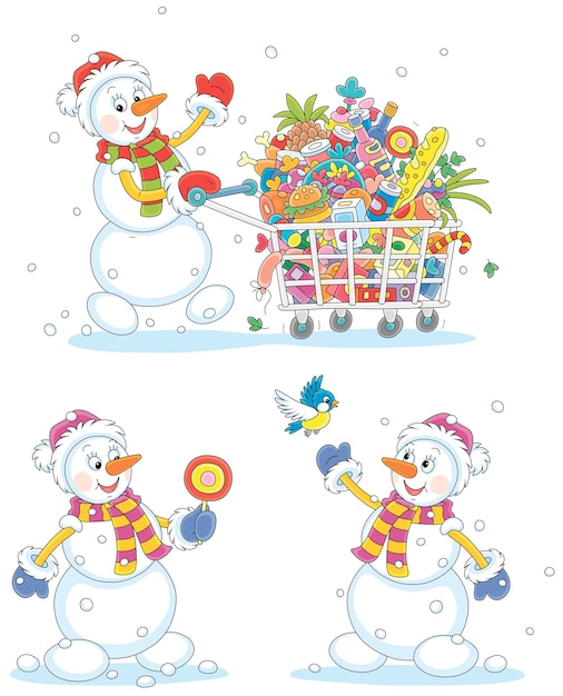 Cartoon set with a funny snowman, a shopping cart full of foods for merry holidays and a small bird
