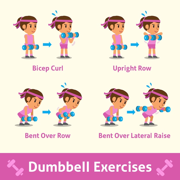 Cartoon set of a woman doing dumbbell exercise step for health and fitness