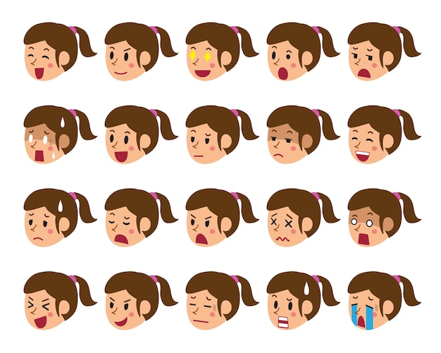 Cartoon set of a woman faces showing different emotions