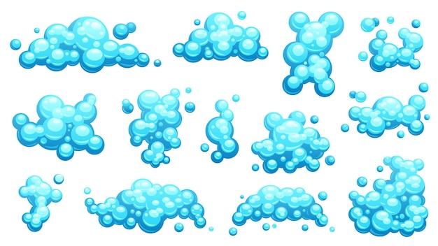 Vector cartoon shampoo foam set soapy bubbles and steam shampoo foam and bubbles in shower