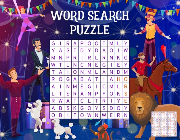 Cartoon shapito circus word search puzzle game