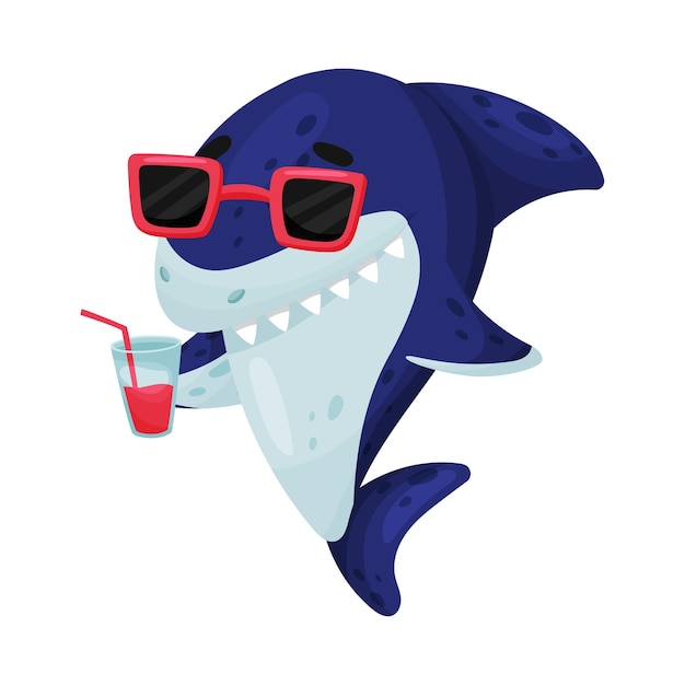 Vector cartoon shark in sunglasses holds a glass of red juice with straws vector illustration on white background
