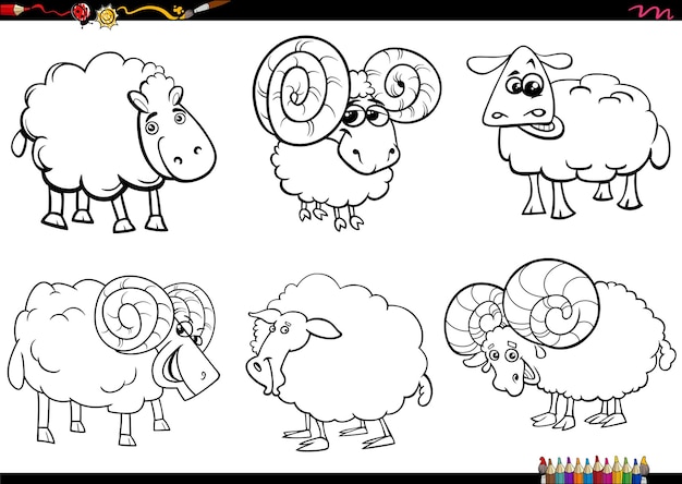 Cartoon sheep farm animal characters set coloring page