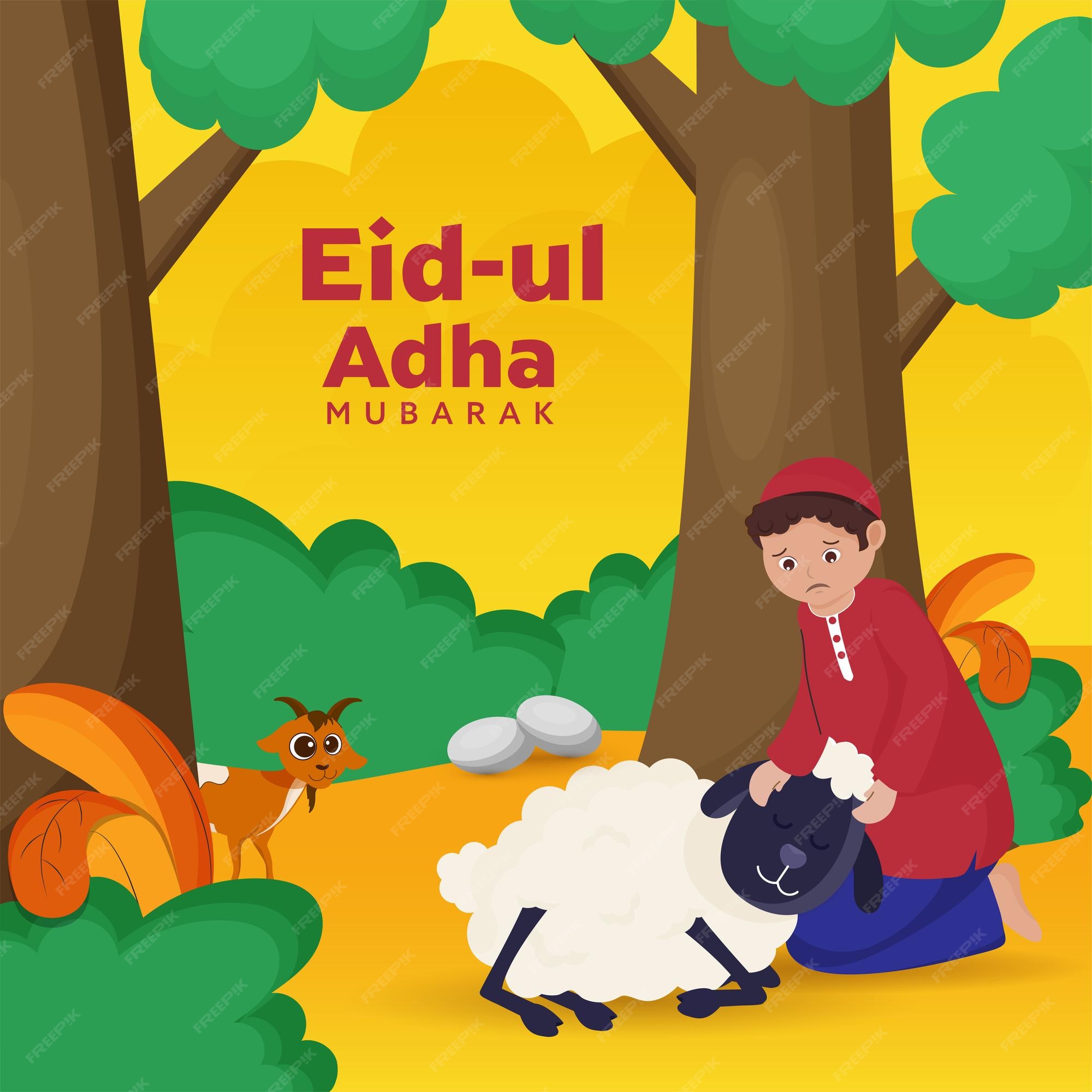 Premium Vector | Cartoon sheep lying on male lap with goat against beautiful forest background for eiduladha mubarak Premium Vector | Cartoon sheep lying on male lap with goat against beautiful forest background for eiduladha mubarak