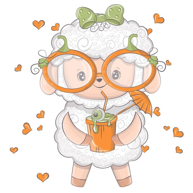 Vector cartoon sheep with pumpkin cocktail. vector illustration of halloween animal